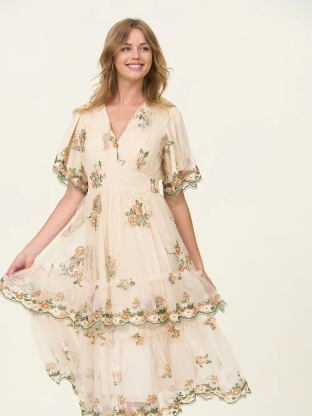 Baltic Born Cream Floral Embroidered Tiered Midi Dress - Picture 3 of 12